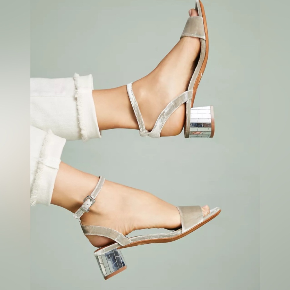 Anthropologie Lola Cruz Gray Velvet Mirror Block Heel Sandals 37